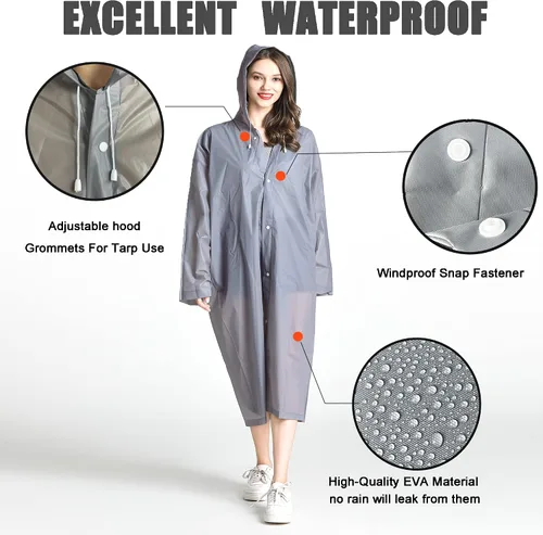 Miniatura 14 de Abrigos de lluvia (paquete de 2) – Ponchos de lluvia reutilizables de EVA para adultos, chaquetas impermeables para hombres y mujeres