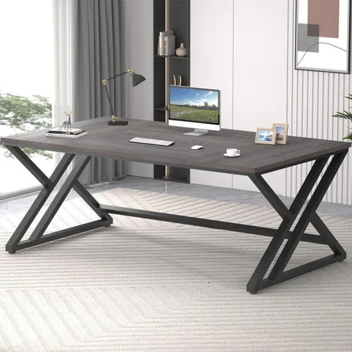 Miniatura 18 de LVB 78.7" Escritorio para computadora, escritorio industrial extra largo de madera para oficina en casa, escritorio grande rústico moderno de metal
