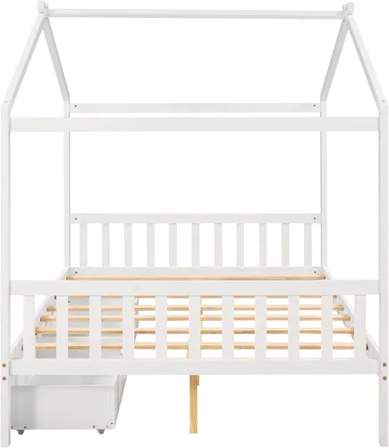 Miniatura 6 de P PURLOVE Cama de casa de tamaño matrimonial para niños, adolescentes, plataforma de almacenamiento de madera con cajones, cabecero y estribo, cama