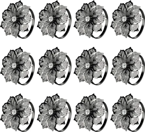 KPOSIYA - Juego de 12 servilleteros de flores, servilleteros de metal negro, para boda, fiesta, día festivo, banquete de Navidad, cena, delicados