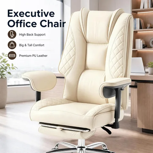 Miniatura 4 de Big and Tall Office Chair and High Back with Heavy Duty Wide Executive Office Chair with Foot Rest, Adjustable Armrests (Beige)