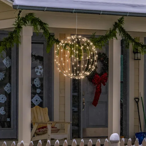 Miniatura 2 de Alpine Corporation Adorno colgante de metal plegable para interiores y exteriores de 16 pulgadas de alto, con luces LED blancas cálidas, decoración