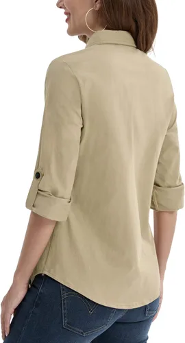 Miniatura 4 de DJT - Blusas suaves, elásticas, a cuadros, de manga larga arremangada, con cuello y botones para mujer