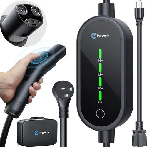 Ecogenix Cargador móvil Tesla de nivel 1/2, cable de carga portátil para el hogar de 16A/110V-240V para Modelo 3/Y/S/X, amperaje ajustable, apto