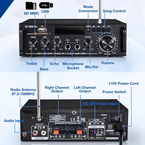 Miniatura 2 de Amplificador de audio estéreo 298Pro, máximo 400 W, amplificador de potencia inalámbrico Bluetooth 5.0 con Bluetooth 5.0, sistema de audio de cine