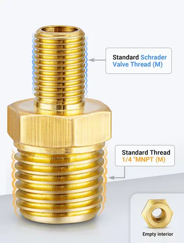 Miniatura 2 de EVOULTES Adaptador de inflador de aire de latón, 1/4 pulgadas NPT (M) a válvula Schrader estándar (M), conector de inflado de neumáticos
