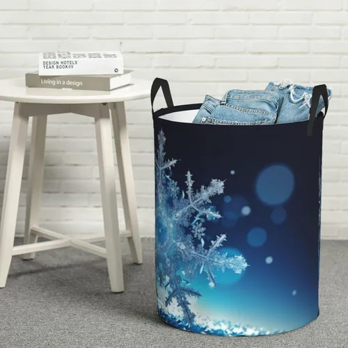 Miniatura 8 de Blue christmas snowflake print Circular Hamper Waterproof Storage Bin Organizer Basket Laundry Hamper With Handles For Clothes Toys Small