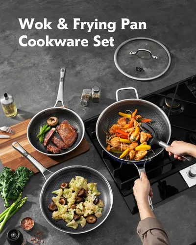 Miniatura 2 de DOTCLAD Juego de utensilios de cocina híbridos de acero inoxidable de 3 piezas, wok de 12 pulgadas con tapa, sartén de 10 pulgadas, sartén de 12