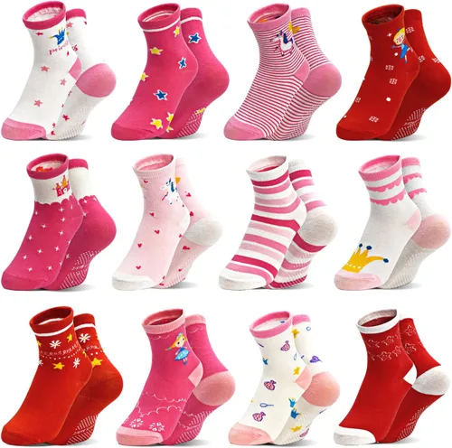 SkiBeaut Calcetines para bebés y niñas, 12 pares de calcetines antideslizantes para niños pequeños con agarre para niñas de 0 a 7 años