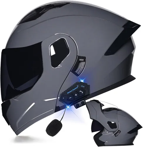 Miniatura 14 de Casco modular Bluetooth para motocicleta, aprobado por DOT, de cara completa, abatible, antivaho, doble visera, casco de motocicleta de calle, LENTE