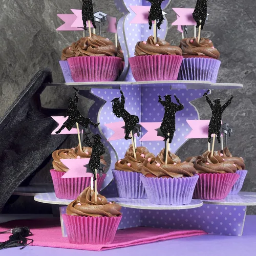 Miniatura 4 de Gyufise 24 piezas Adornos para pastel de graduación 2026 con purpurina negra, clase de 2026, adornos para magdalenas con gorra de graduación