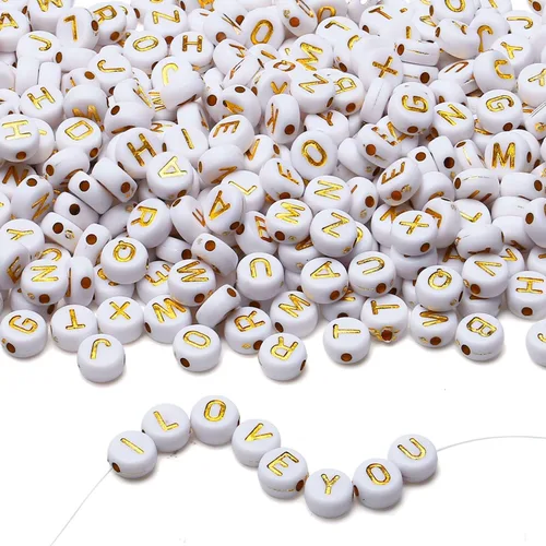 LAIDANLA - 1500 cuentas de letras acrílicas del alfabeto doradas, cuentas redondas blancas de 7×4mm para hacer joyas, pulseras, collares, llaveros