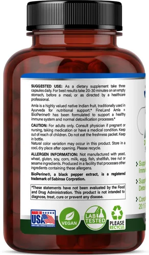 Miniatura 8 de FineLand Amla (grosella espinosa india) Extracto de espectro completo con BioPerine® para absorción, rico en vitamina C natural, apoyo inmunológico