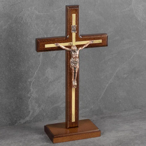 Miniatura 6 de Asterom Crucifijo de San Benito hecho a mano - Cruz de madera de mesa con soporte desmontable - Crucifijo católico de pie único
