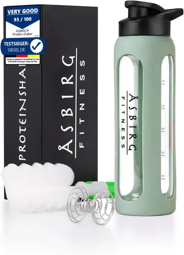 Miniatura 11 de Fitness - Botella mezcladora de proteínas de vidrio de 24 onzas, sin BPA, tapa a prueba de fugas, bola mezcladora de acero inoxidable y funda