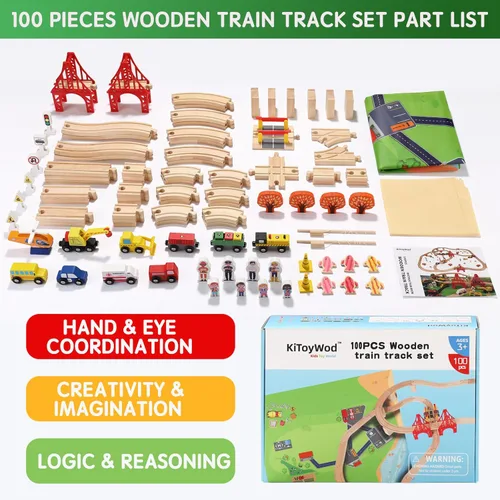 Miniatura 5 de Juego de 100 pistas de tren de madera, tren de juguete con pistas para niños de 3 a 10 años, compatible con las principales marcas, juego
