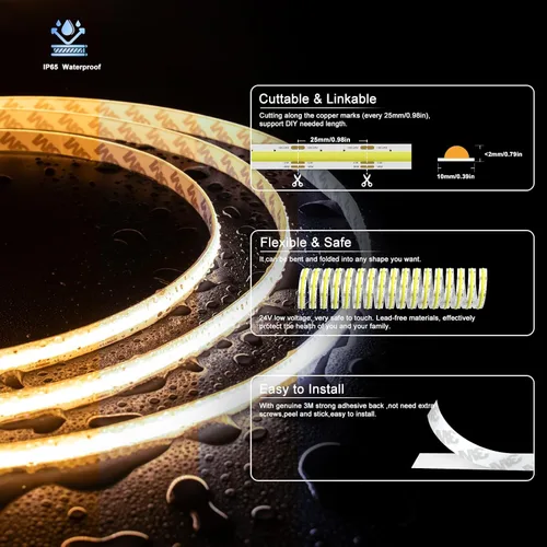 Miniatura 3 de PAUTIX COB - Tira de luz LED CCT sintonizable blanca IP65 impermeable, CRI90+ 24 pies/24.6 ft 2700K-6500K regulable 24V LED cinta de luz LED
