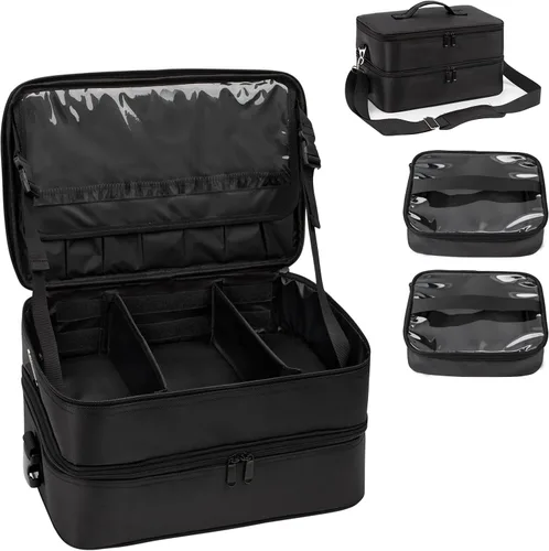 Miniatura 10 de Estuche de maquillaje extra grande, bolsa de viaje para artistas de maquillaje profesional, doble capa, ligera, XL, estuche organizador de viaje