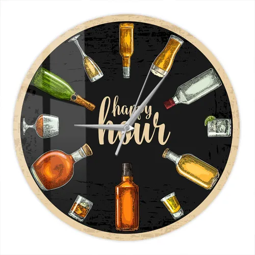 Reloj de pared de vino de 12 pulgadas, Happy Hour Wine Time Wine Booze Beer Reloj de pared silencioso sin tictac reloj de pared para hombre, cueva,