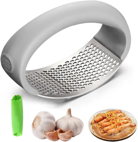 Prensa de ajo de acero inoxidable mejorada 2025, trituradora de ajo para el hogar y la cocina (1, gris)