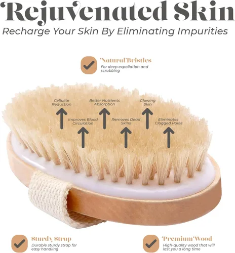 Miniatura 4 de Cepillo en seco para piel para cuerpo, mejora la salud y belleza de la piel, cerdas naturales, quita piel seca y toxinas, celulitis tratamiento