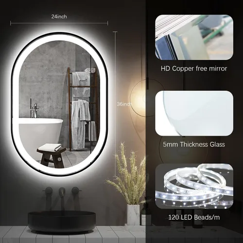 Miniatura 8 de Espejo de baño LED ovalado, espejo retroiluminado de 36 x 24 pulgadas con luz para pared con marco negro, antivaho, regulable, frontal, 3