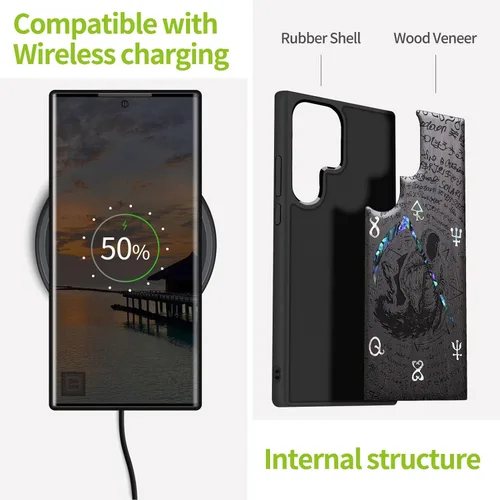 Miniatura 4 de Carveit Funda de madera de diseñador para Samsung Galaxy S22 Ultra (grabado en madera e incrustaciones de carcasa) compatible con cargadores Grim
