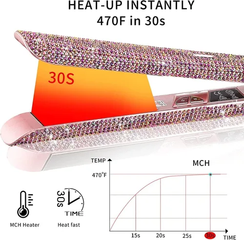Miniatura 2 de Plancha plana de titanio con magnífico diamante de imitación de cristal, alisador y rizador de pelo 2 en 1, apagado automático de 60 minutos, Rosa