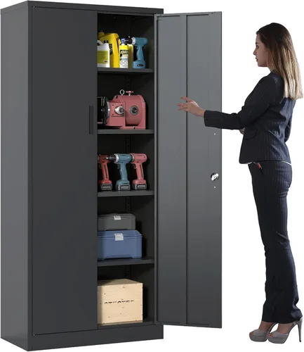Armario de almacenamiento de metal con estantes ajustables, armario de herramientas de garaje con 2 puertas con cerradura para oficina, hogar, Negro