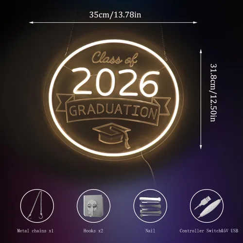 Miniatura 5 de Class of 2026 - Letrero de neón con texto en inglés "Congrats Grad" LED regulable USB Felicidades Graduación Cap Light Decoración de pared para sala