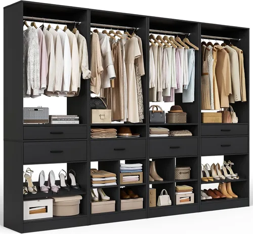 Miniatura 11 de Unikito Organizador de armario de 25 pulgadas de ancho x 80 pulgadas de alto, con barra para colgar y 2 cajones de madera, zapatero ajustable