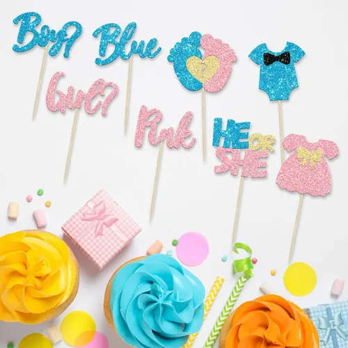 Miniatura 3 de 24 piezas de decoración para cupcakes para niños o niñas, pies con purpurina, vestido de revelación de género, selecciones de cupcakes, decoraciones