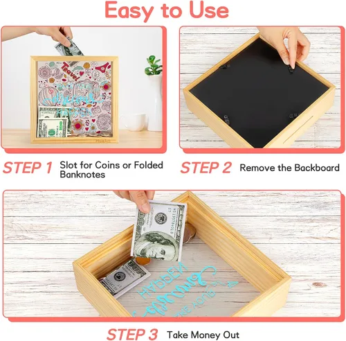 Miniatura 4 de Alcancía para niños, caja de madera más grande y segura para niños, caja de dinero de madera natural, impresa en la parte delantera de plexiglás