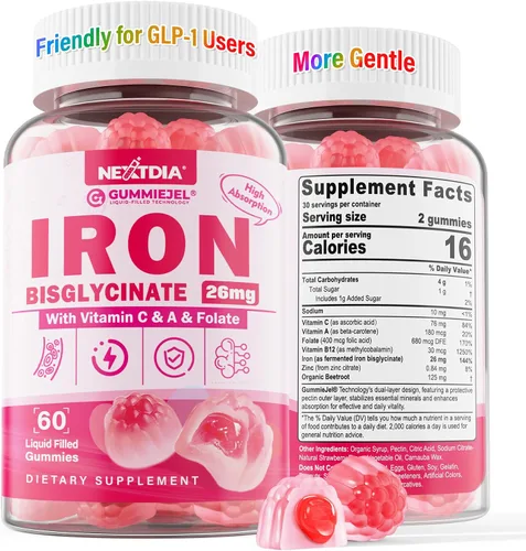 Gomitas de hierro para mujeres y hombres, gomitas de bisglicinato de hierro de 26 mg, con vitamina C, folato, B12 y zinc, aptas para GLP-1,