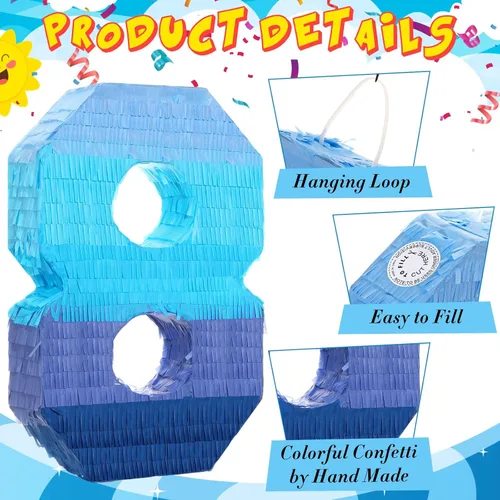 Miniatura 6 de Sratte Piñata número 1 2 3 4 5 6 7 8 9 Piñata con palo para los ojos vendados, piñata azul degradado para niños y niñas, suministros de decoración