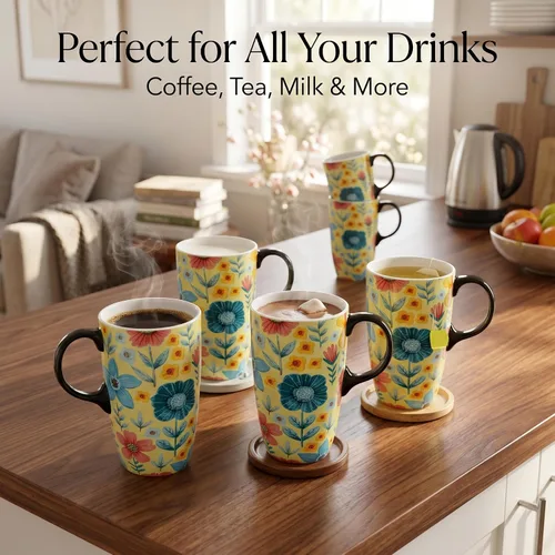 Miniatura 5 de DUSVALLY Taza de Café de Cerámica Taza de Viaje Regalo con Tapa 17oz, Taza de Té con Asa para Latte, Capuchino y Cacao, Tazas de Café de Porcelana