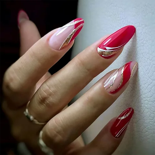 Uñas postizas a presión de color rojo vino brillante, uñas postizas largas de almendra, uñas postizas onduladas doradas irregulares con pegamento en