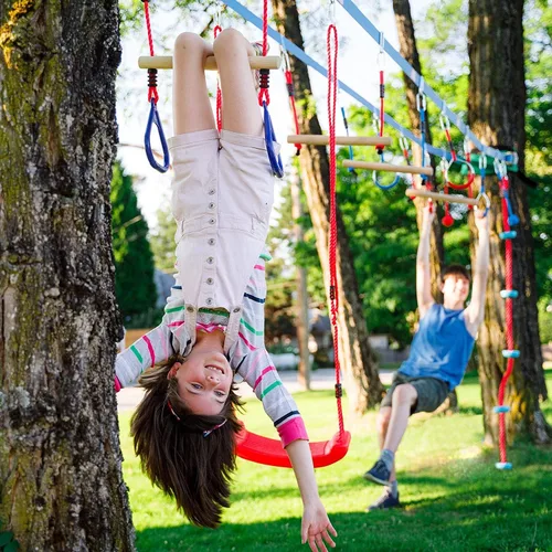Miniatura 6 de Double Ninja Slackline - Carrera de obstáculos para niños, línea de 110 pies, equipo de juegos de barras de mono, carrera de obstáculos Ninja