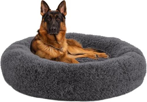 Miniatura 18 de Camas calmantes para perros grandes, cama para perros acolchonada de dona de piel sintética, almohada redonda y esponjosa, cama lavable para Marrón