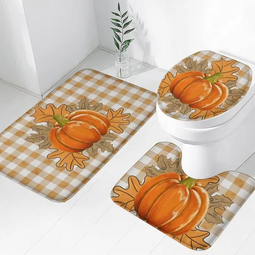 Juego de 3 alfombras de baño de calabaza de otoño con diseño de búfalo naranja, hojas de arce, cosecha de Acción de Gracias, suave, antideslizante,