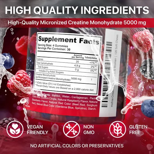 Miniatura 7 de Gomitas de monohidrato de creatina de 5000 mg - Creatina vegana sin azúcar para hombres y mujeres - Monohidrato de creatina masticable con sabor a