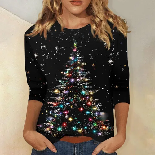 Miniatura 8 de Camisetas de manga 3/4 para mujer, cuello redondo, holgadas, casuales, con estampado floral, camisetas de moda para el trabajo de negocios