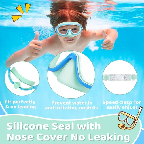 Miniatura 5 de Vvinca 2 gafas de natación para niños con cubierta para la nariz, máscara de buceo de natación de visión amplia, antivaho UV, anti roturas