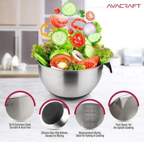 Miniatura 5 de AVACRAFT Tazones para mezclar de acero inoxidable 18/10 con tapas, cuencos de base de silicona antideslizantes con asa, juego de cuencos para Negro