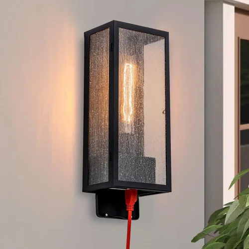 Luz de Porche con Salida GFCI, Accesorios de Iluminación Exterior en Negro Mate, Lámpara de Aluminio Impermeable para Exteriores con Vidrio