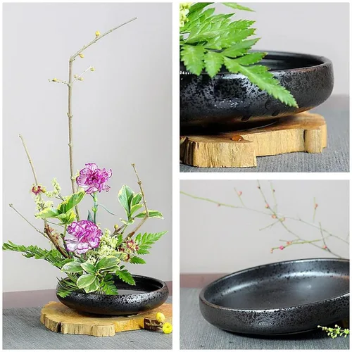 Miniatura 2 de Kit de jarrón Ikebana japonés, cerámicas de contenedor poco profundo para flores, jarrón Ikebana con rana de flores de 1.57 pulgadas y herramienta