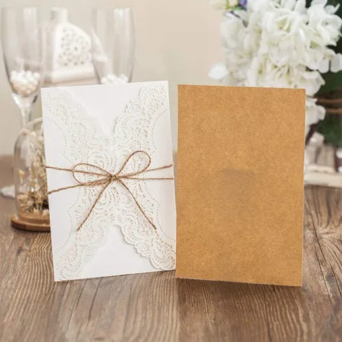 Miniatura 3 de Hosmsua 50 invitaciones de boda florales rústicas blancas personalizadas con lazo de cuerda de cáñamo