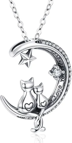 Odinstone Collar de gato colgante de plata de ley S925 colgante de gato en luna circonita cúbica joyería de mujer regalos para mamá con paquete de