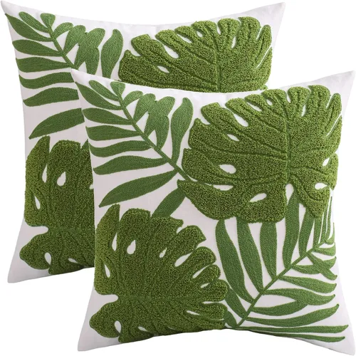 Miniatura 13 de Fundas de almohada bordadas de 18 x 18 pulgadas, paquete de 2 fundas de almohada azules botánicas tropicales con hojas tropicales, fundas de cojín