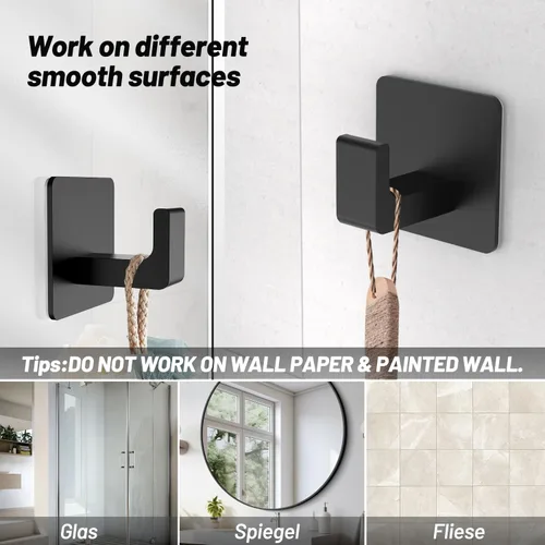 Miniatura 5 de Ganchos de toalla para adhesivo de baño, paquete de 4 ganchos de baño negro mate para toallas, gancho de toalla resistente a la corrosión, ganchos